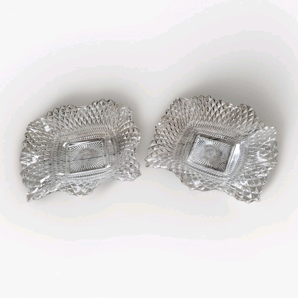 Pair of Vintage Indiana Glass Diamond Point Square Bowls – Clear Pressed Glass